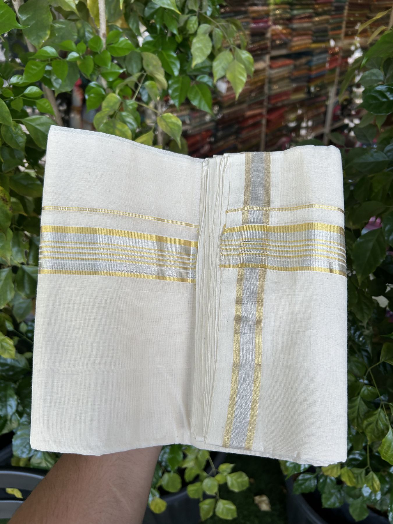 25% Discount ! KaithariKada Handloom Millpaav - Kerala Handloom - 100% Pure Cotton Off White (Unbleached) Double Mundu/Dhoti - 80x90 - 1.5 inch Gold Kasav & Silver Kasav striped Kara 4 mtr (8.5 Muzham) - 36 KK5337 RAM