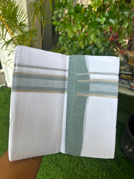 Linen Dhoti NEW! 20% Discount from Kaitharikada.com - Double Mundu/Dhoti 80x90 Thread PURE WHITE - Pure Cotton + Linen -1.75 Inch Sea Green & Silver Striped Kara - 32KK5174THI
