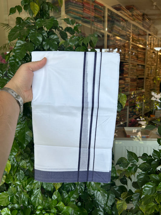 20% Discount ! Kaitharikada Balaramapuram 100% Pure Cotton Double Pure White Mundu/Dhoti - 100x80 - 1.25 inch Navy Blue shaded striped chutty 3.90 mtr (8.5 muzham) - 121 KK5361 PMC