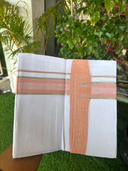 Linen Dhoti NEW! 20% Discount from Kaitharikada.com - Double Mundu/Dhoti 80x90 Thread PURE WHITE - Pure Cotton + Linen -1.75 Inch Light Orange & Silver Striped Kara - 31KK5174THI