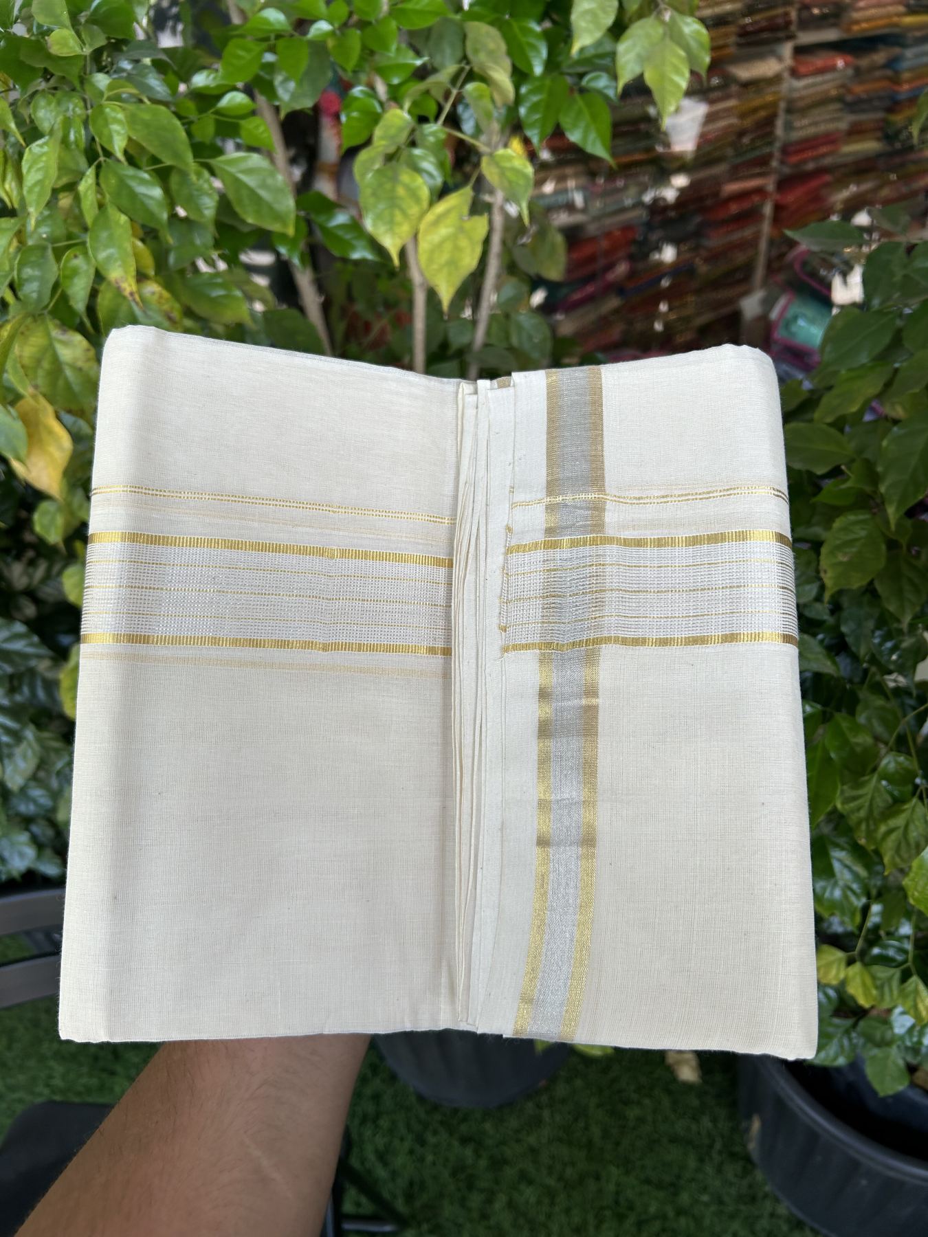 25% Discount ! KaithariKada Handloom Millpaav - Kerala Handloom - 100% Pure Cotton Off White (Unbleached) Double Mundu/Dhoti - 80x90 - 1.75 inch Gold Kasav & Silver Kasav striped Kara 4 mtr (8.5 Muzham) - 24  KK5337 RAM