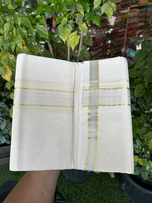 25% Discount ! KaithariKada Handloom Millpaav - Kerala Handloom - 100% Pure Cotton Off White (Unbleached) Double Mundu/Dhoti - 80x90 - 1.75 inch Gold Kasav & Silver Kasav striped Kara 4 mtr (8.5 Muzham) - 24  KK5337 RAM