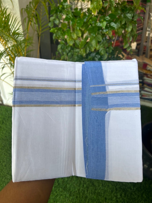 Linen Dhoti NEW! 20% Discount from Kaitharikada.com - Double Mundu/Dhoti 80x90 Thread PURE WHITE - Pure Cotton + Linen -1.5 Inch Sky Blue & Silver Striped Kara - 30KK5174THI