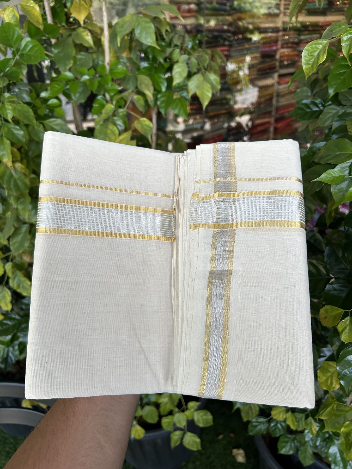 25% Discount ! KaithariKada Handloom Millpaav - Kerala Handloom - 100% Pure Cotton Off White (Unbleached) Double Mundu/Dhoti - 80x90 - 1.5 inch Gold Kasav & Silver Kasav striped Kara 4 mtr (8.5 Muzham) - 27 KK5337 RAM