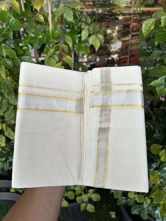 25% Discount ! KaithariKada Handloom Millpaav - Kerala Handloom - 100% Pure Cotton Off White (Unbleached) Double Mundu/Dhoti - 80x90 - 1.5 inch Gold Kasav & Silver Kasav striped Kara 4 mtr (8.5 Muzham) - 27 KK5337 RAM