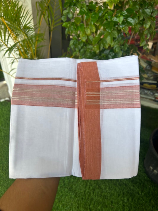 Linen Dhoti NEW! 20% Discount from Kaitharikada.com - Double Mundu/Dhoti 80x90 Thread PURE WHITE - Pure Cotton + Linen -1.75 Inch Brick Orange & Silver Striped Kara - 29KK5174THI
