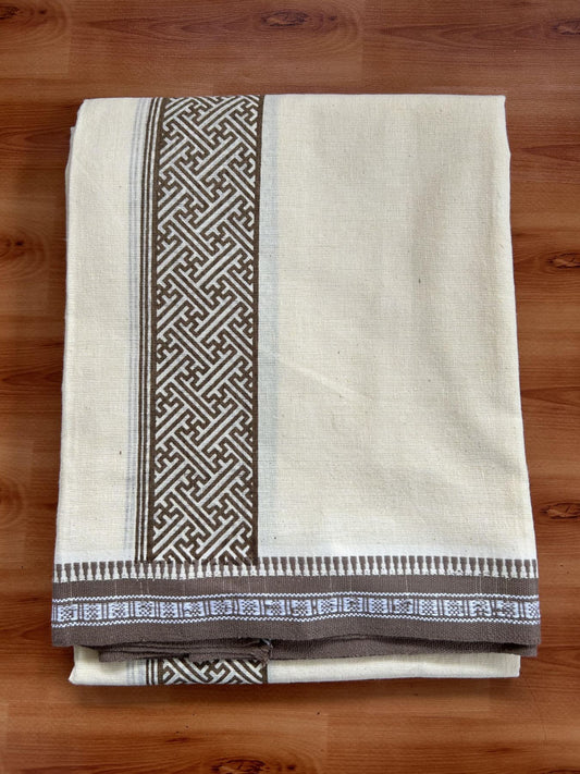 Kaitharikada - Single Kaily / Lungi -Mixed Cotton - 40s twisted - 2 inch Sand Brown Design Printed Kuppadam Kara With Light Yellow Colour Body (2 meter / 4 muzham) - 10 KK8056 AST