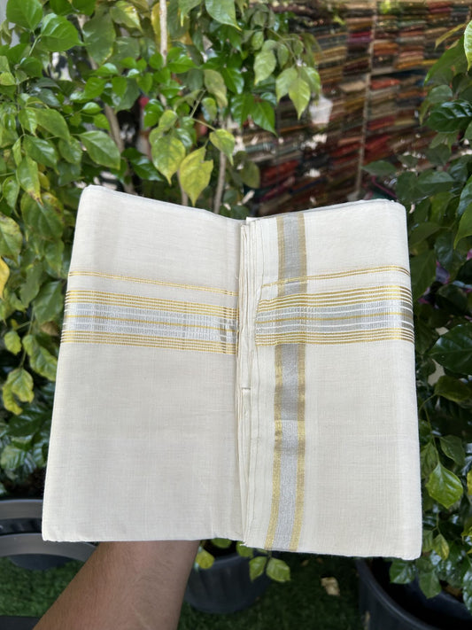 25% Discount ! KaithariKada Handloom Millpaav - Kerala Handloom - 100% Pure Cotton Off White (Unbleached) Double Mundu/Dhoti - 80x90 - 1.5 inch Gold Kasav & Silver Kasav striped Kara 4 mtr (8.5 Muzham) - 33 KK5337 RAM