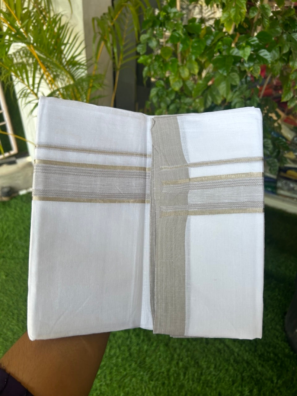 Linen Dhoti NEW! 20% Discount from Kaitharikada.com - Double Mundu/Dhoti 80x90 Thread PURE WHITE - Pure Cotton + Linen -1.75 Inch Ash Grey & Silver Striped Kara - 28KK5174THI