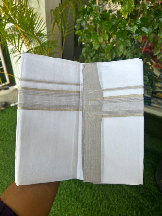 Linen Dhoti NEW! 20% Discount from Kaitharikada.com - Double Mundu/Dhoti 80x90 Thread PURE WHITE - Pure Cotton + Linen -1.75 Inch Ash Grey & Silver Striped Kara - 28KK5174THI