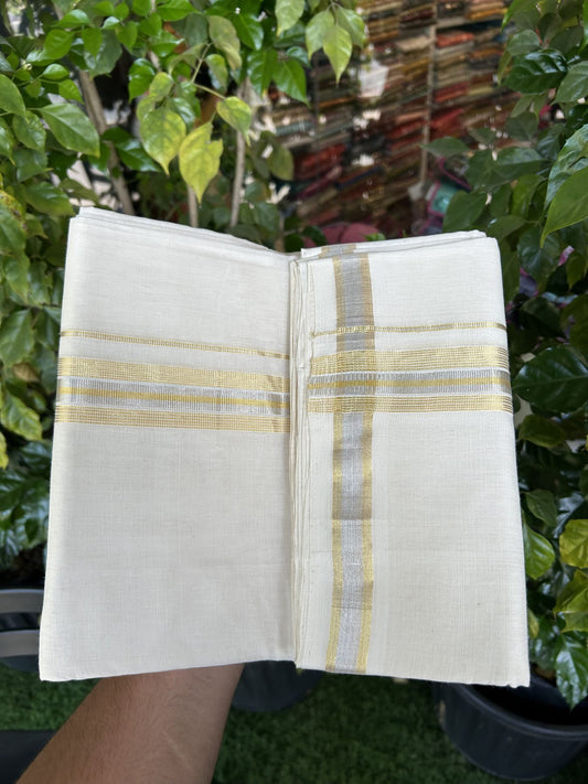 25% Discount ! KaithariKada Handloom Millpaav - Kerala Handloom - 100% Pure Cotton Off White (Unbleached) Double Mundu/Dhoti - 80x90 - 1.5 inch Gold Kasav & Silver Kasav striped Kara 4 mtr (8.5 Muzham) - 37 KK5337 RAM