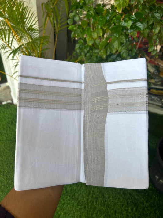 Linen Dhoti NEW! 20% Discount from Kaitharikada.com - Double Mundu/Dhoti 80x90 Thread PURE WHITE - Pure Cotton + Linen -1.75 Inch Ash Grey & Silver Striped Kara - 34KK5174THI