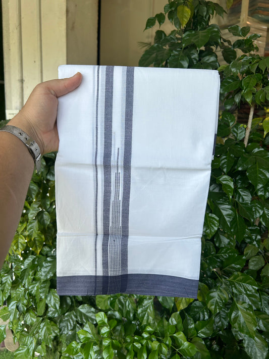 20% Discount ! Kaitharikada Balaramapuram 100% Pure Cotton Double Pure White Mundu/Dhoti - 100x80 - 1.5 inch Navy Blue shaded striped Temple chutty 3.90 mtr (8.5 muzham) - 77 KK5361 PMC