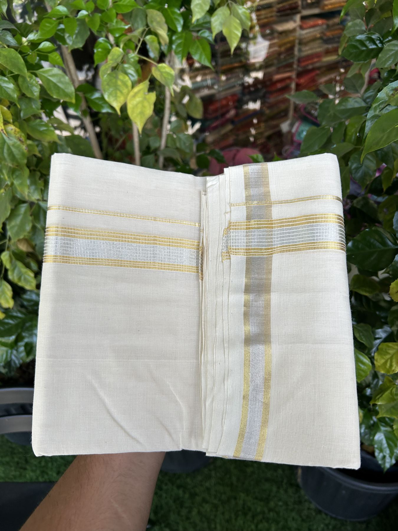 25% Discount ! KaithariKada Handloom Millpaav - Kerala Handloom - 100% Pure Cotton Off White (Unbleached) Double Mundu/Dhoti - 80x90 - 1.25 inch Gold Kasav & Silver Kasav striped Kara 4 mtr (8.5 Muzham) - 29 KK5337 RAM