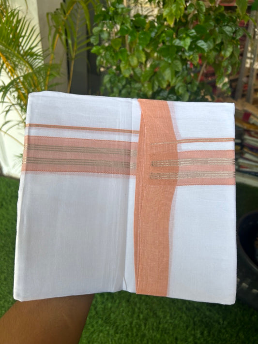 Linen Dhoti NEW! 20% Discount from Kaitharikada.com - Double Mundu/Dhoti 80x90 Thread PURE WHITE - Pure Cotton + Linen -1.75 Inch Sea Green & Silver Striped Kara - 33KK5174THI