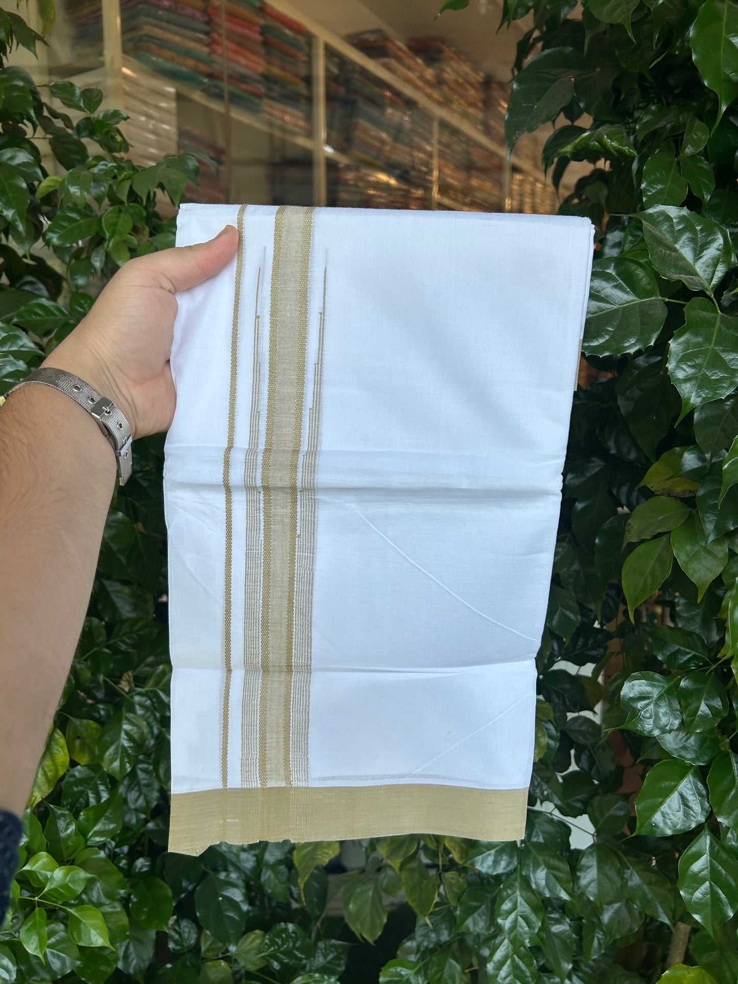 20% Discount ! Kaitharikada Balaramapuram 100% Pure Cotton Double Pure White Mundu/Dhoti - 100x80 - 1 inch Sand Brown Shaded Striped Chutty 3.90 mtr (8 muzham) - 72 KK5361 PMC