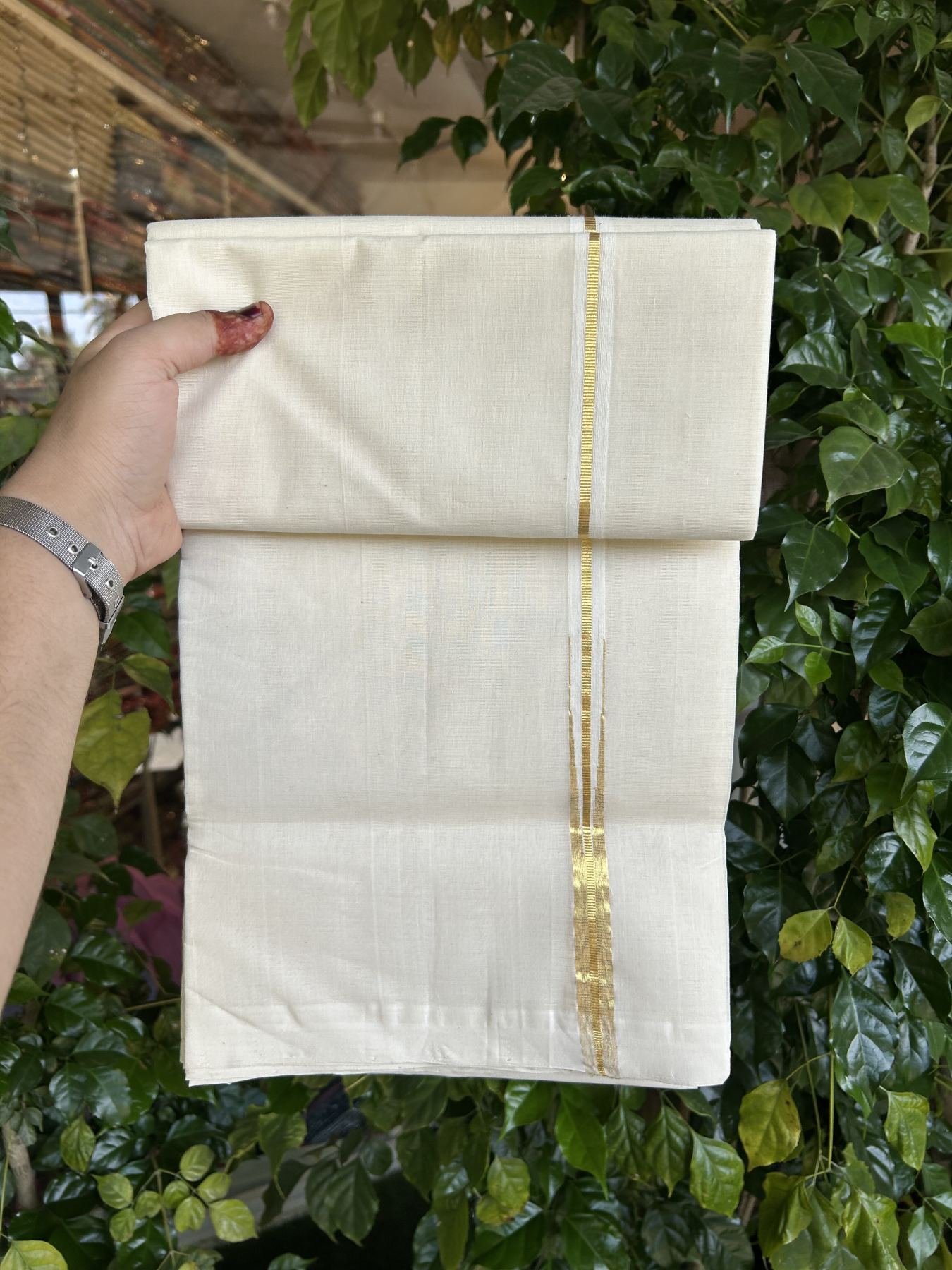 25% Discount ! KaithariKada Kerala Handloom Millpaav  - 100% Pure Cotton Off White- (Unbleached) Double Mundu/Dhoti - 80x90 - 0.5 inch Puliyilakkara Gold Kasav Chutty Kara 4 mtr (8.5 Muzham) - 52 KK5337 RAM