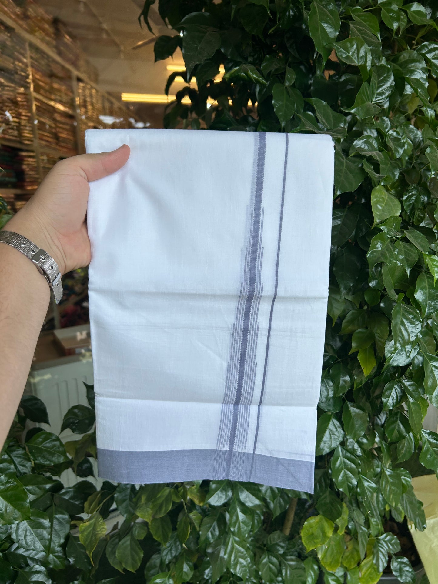 20% Discount ! Kaitharikada Balaramapuram 100% Pure Cotton Double Pure White Mundu/Dhoti - 100x80 - 1.25 inch Ash Blue Shaded Striped Chutty 3.90 mtr (8 muzham) - 74 KK5361 PMC