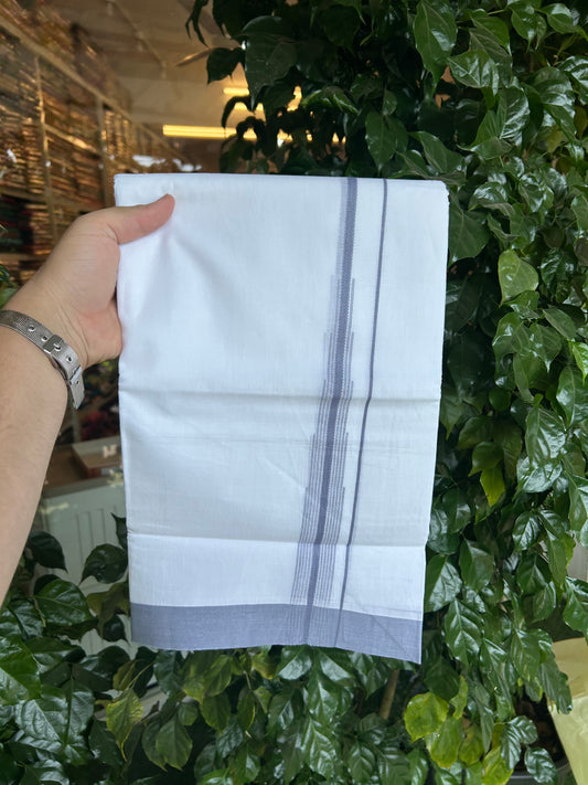 20% Discount ! Kaitharikada Balaramapuram 100% Pure Cotton Double Pure White Mundu/Dhoti - 100x80 - 1.25 inch Ash Blue Shaded Striped Chutty 3.90 mtr (8 muzham) - 74 KK5361 PMC