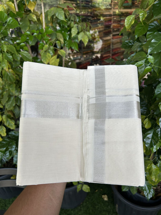 25% Discount ! KaithariKada Handloom Millpaav - Kerala Handloom - 100% Pure Cotton Off White (Unbleached) Double Mundu/Dhoti - 80x90 - 1.5 inch Silver Kasav Kara 4 mtr (8.5 Muzham) - 44 KK5337 RAM