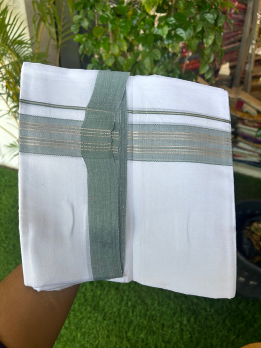 Linen Dhoti NEW! 20% Discount from Kaitharikada.com - Double Mundu/Dhoti 80x90 Thread PURE WHITE - Pure Cotton + Linen -1.75 Inch Sea Green & Silver Striped Kara - 35KK5174THI