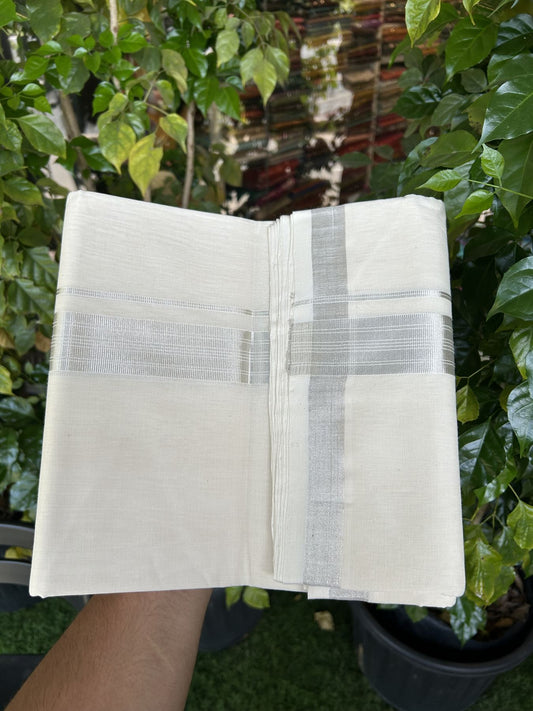 25% Discount ! KaithariKada Handloom Millpaav - Kerala Handloom - 100% Pure Cotton Off White (Unbleached) Double Mundu/Dhoti - 80x90 - 1.5 inch Silver Kasav striped Kara 4 mtr (8.5 Muzham) - 39 KK5337 RAM