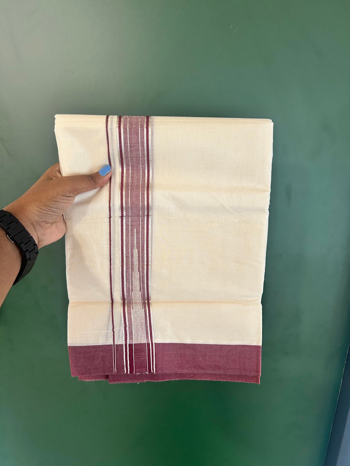 Off White Double (Unbleached) Mundu/Dhoti - 20% Discount! KaithariKada Balaramapuram 100% Cotton - 100x80 - 1.5 inch Silver Kasav & Maroon Stripes Puliyilakkara Chutty Kara 4 mtr (8.5 Muzham) - 62 KK5440 VIN