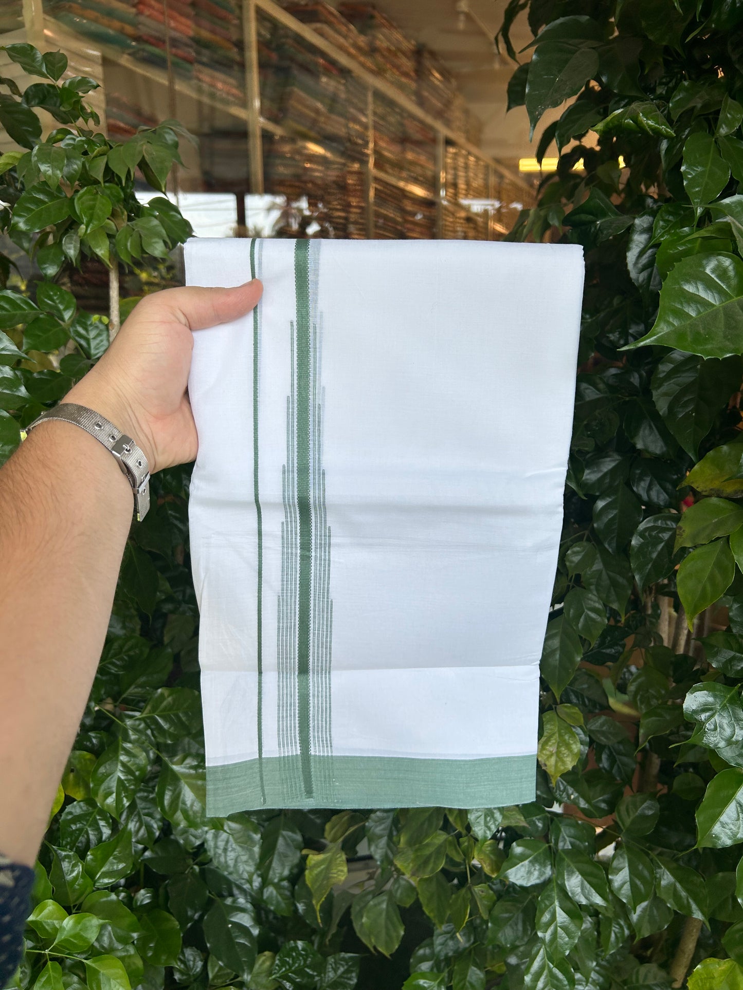20% Discount ! Kaitharikada Balaramapuram 100% Pure Cotton Double Pure White Mundu/Dhoti - 100x80 - 1.25 inch Forest Green  Shaded Striped Chutty 3.90 mtr (8 muzham) - 73 KK5361 PMC