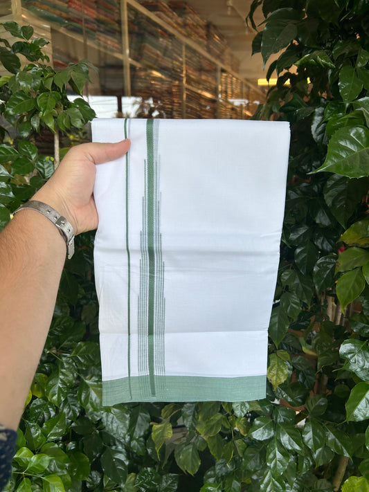 20% Discount ! Kaitharikada Balaramapuram 100% Pure Cotton Double Pure White Mundu/Dhoti - 100x80 - 1.25 inch Forest Green  Shaded Striped Chutty 3.90 mtr (8 muzham) - 73 KK5361 PMC