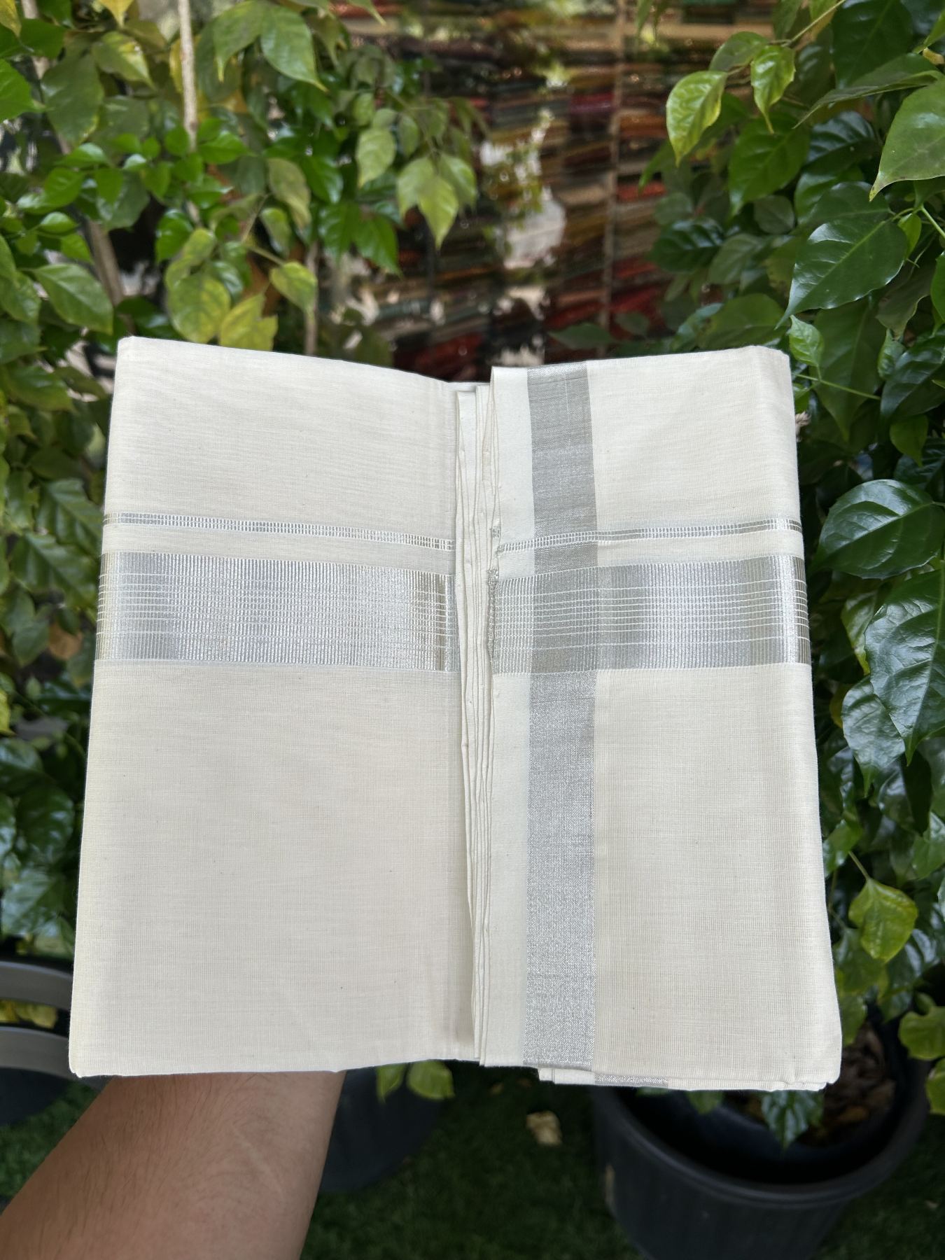 25% Discount ! KaithariKada Handloom Millpaav - Kerala Handloom - 100% Pure Cotton Off White (Unbleached) Double Mundu/Dhoti - 80x90 - 1.5 inch Silver Kasav striped Kara 4 mtr (8.5 Muzham) - 40 KK5337 RAM