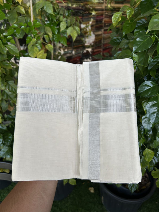 25% Discount ! KaithariKada Handloom Millpaav - Kerala Handloom - 100% Pure Cotton Off White (Unbleached) Double Mundu/Dhoti - 80x90 - 1.5 inch Silver Kasav striped Kara 4 mtr (8.5 Muzham) - 40 KK5337 RAM
