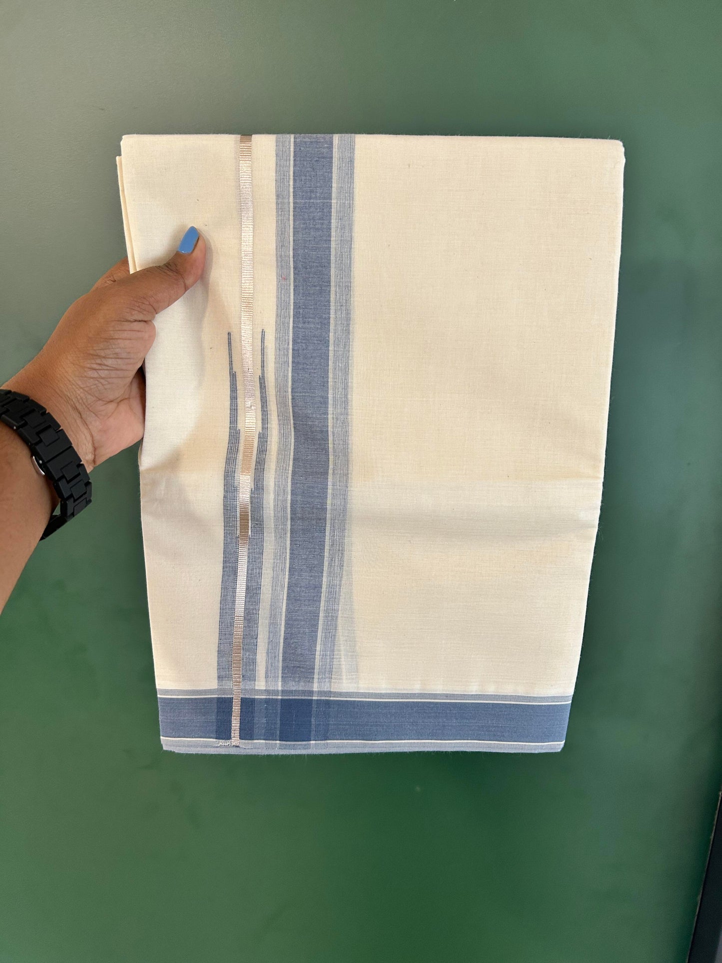 Off White Double (Unbleached) Mundu/Dhoti - 20% Discount! KaithariKada Balaramapuram 100% Cotton - 100x80 - 1.5 inch Silver Kasav & Ash Blue Stripes Puliyilakkara Chutty Kara 4 mtr (8.5 Muzham) - 63 KK5440 VIN