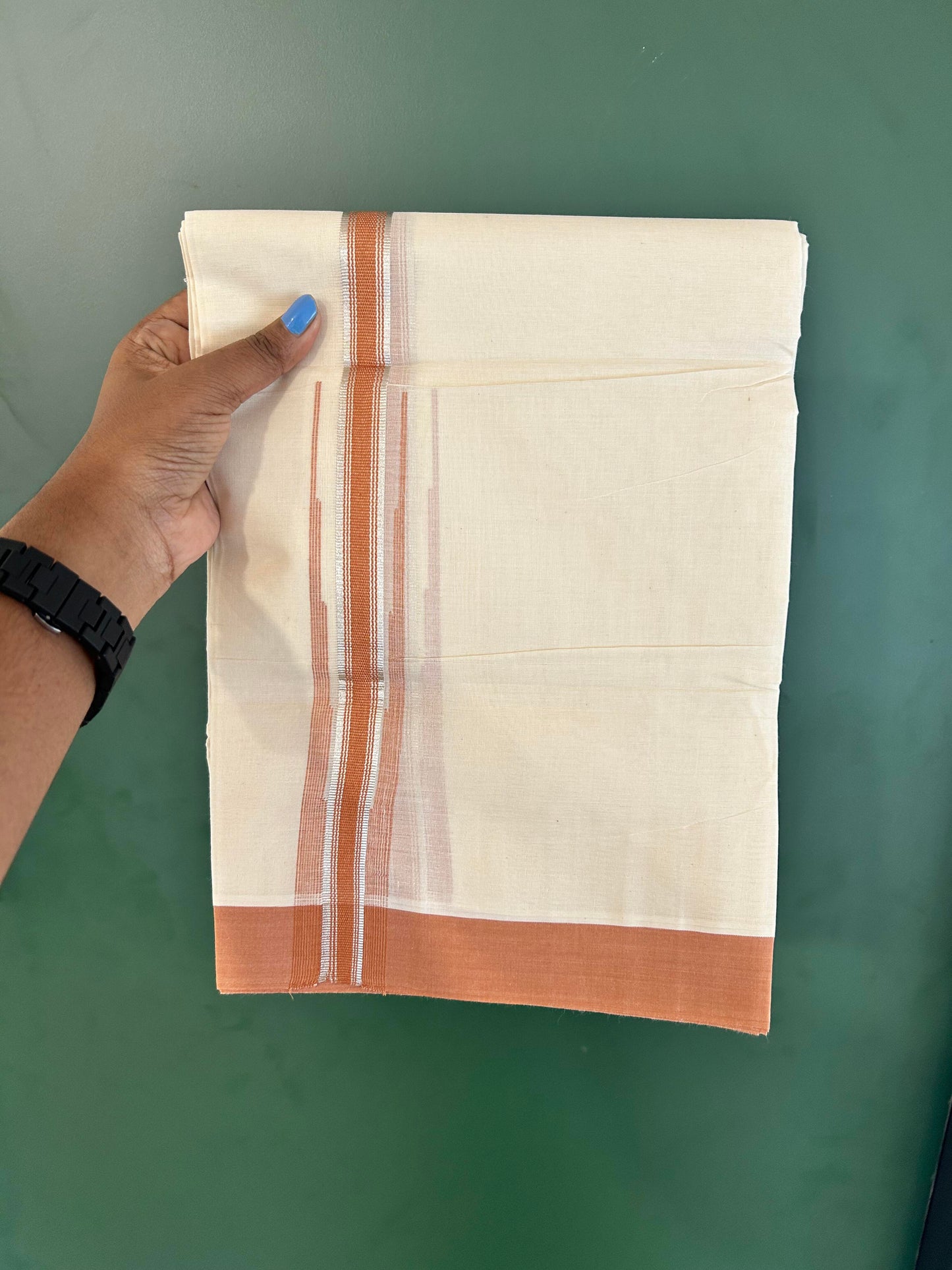 Off White Double (Unbleached) Mundu/Dhoti - 20% Discount! KaithariKada Balaramapuram 100% Cotton - 100x80 - 1 inch Silver Kasav & Cinnamon Brown Stripes Puliyilakkara Chutty Kara 4 mtr (8.5 Muzham) - 61 KK5440 VIN