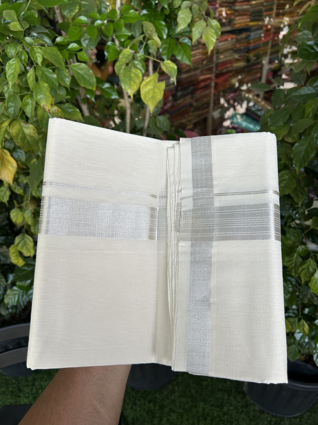 25% Discount ! KaithariKada Handloom Millpaav - Kerala Handloom - 100% Pure Cotton Off White (Unbleached) Double Mundu/Dhoti - 80x90 - 1.5 inch Silver Kasav striped Kara 4 mtr (8.5 Muzham) - 41 KK5337 RAM