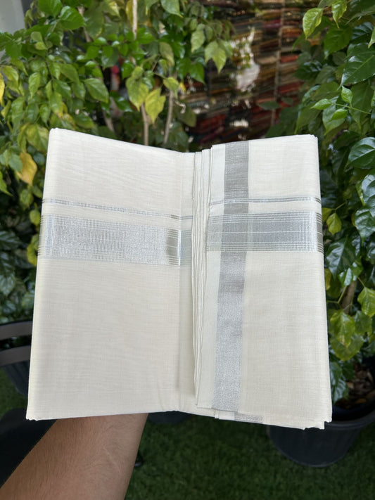 25% Discount ! KaithariKada Handloom Millpaav - Kerala Handloom - 100% Pure Cotton Off White (Unbleached) Double Mundu/Dhoti - 80x90 - 1.5 inch Silver Kasav striped Kara 4 mtr (8.5 Muzham) - 43 KK5337 RAM