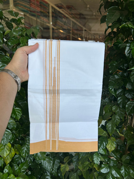 20% Discount ! Kaitharikada Balaramapuram 100% Pure Cotton Double Pure White Mundu/Dhoti - 100x80 - 1.25 inch Cadmium Orange shaded striped Temple chutty 3.90 mtr (8.5 muzham) - 124 KK5361 PMC