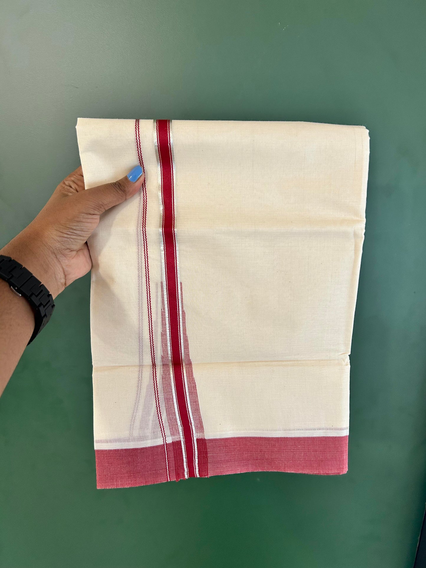 Off White Double (Unbleached) Mundu/Dhoti - 20% Discount! KaithariKada Balaramapuram 100% Cotton - 100x80 - 1 inch Silver Kasav & Reddish Maroon Stripes Puliyilakkara Chutty Kara 4 mtr (8.5 Muzham) - 56 KK5440 VIN