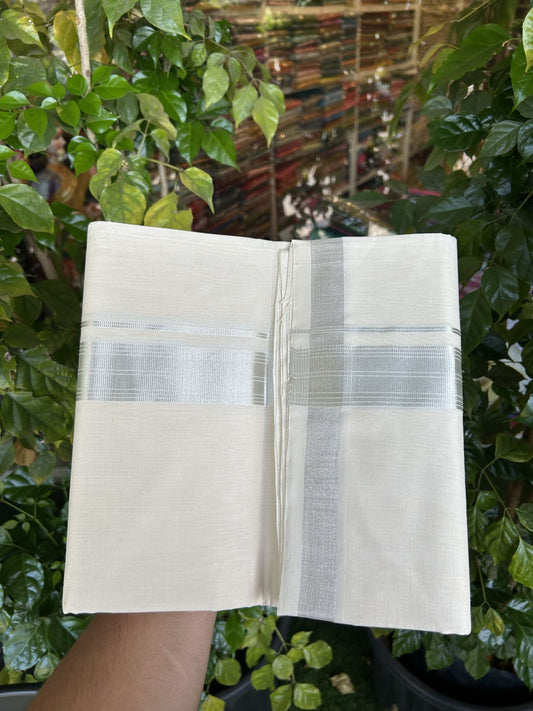 25% Discount ! KaithariKada Handloom Millpaav - Kerala Handloom - 100% Pure Cotton Off White (Unbleached) Double Mundu/Dhoti - 80x90 - 1.5 inch Silver Kasav striped Kara 4 mtr (8.5 Muzham) - 42 KK5337 RAM