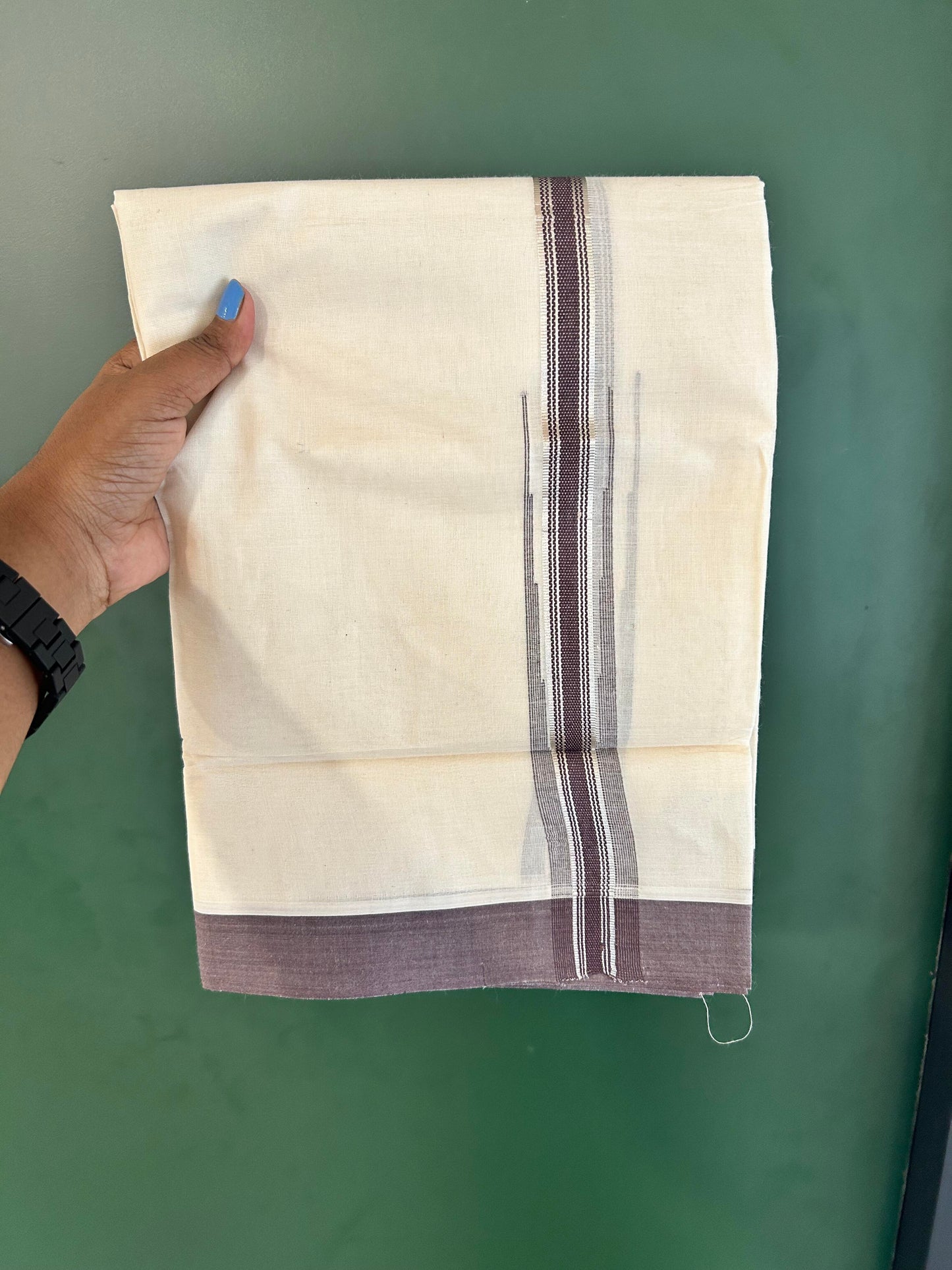 Off White Double (Unbleached) Mundu/Dhoti - 20% Discount! KaithariKada Balaramapuram 100% Cotton - 100x80 - 1 inch Silver Kasav & Purplish Brown Stripes Puliyilakkara Chutty Kara 4 mtr (8.5 Muzham) - 60 KK5440 VIN