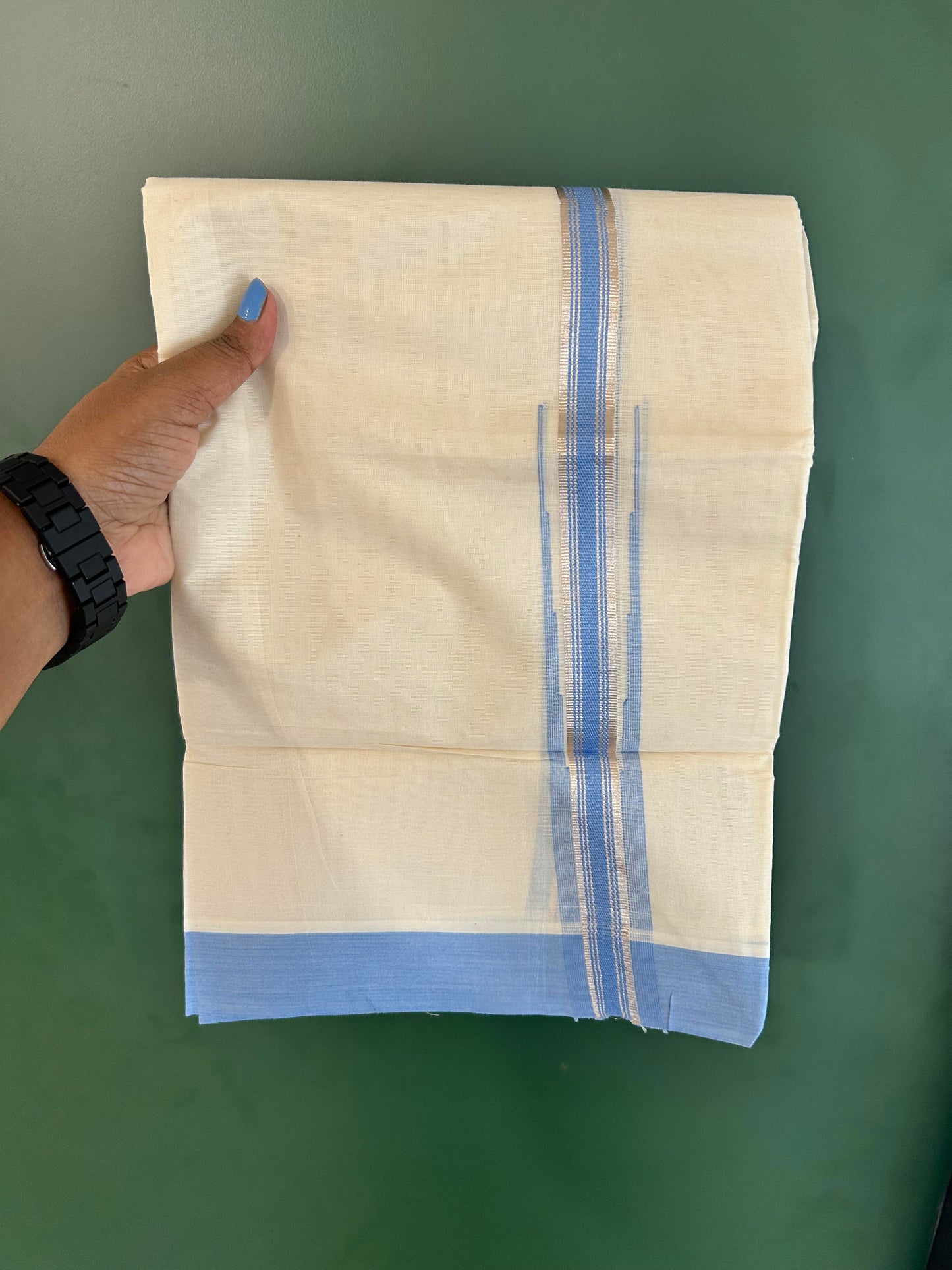 Off White Double (Unbleached) Mundu/Dhoti - 20% Discount! KaithariKada Balaramapuram 100% Cotton - 100x80 - 1 inch Silver Kasav & Light Blue Stripes Puliyilakkara Chutty Kara 4 mtr (8.5 Muzham) - 58 KK5440 VIN