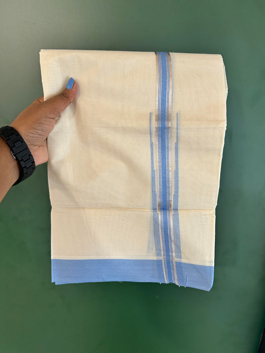 Off White Double (Unbleached) Mundu/Dhoti - 20% Discount! KaithariKada Balaramapuram 100% Cotton - 100x80 - 1 inch Silver Kasav & Light Blue Stripes Puliyilakkara Chutty Kara 4 mtr (8.5 Muzham) - 58 KK5440 VIN