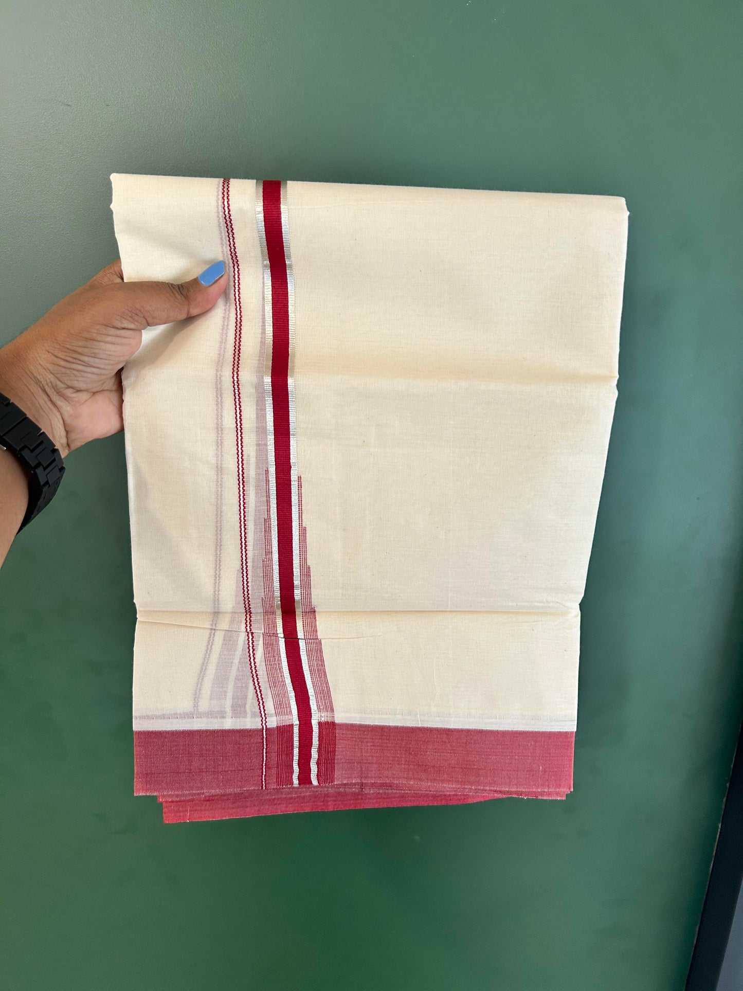 Off White Double (Unbleached) Mundu/Dhoti - 20% Discount! KaithariKada Balaramapuram 100% Cotton - 100x80 - 1 inch Silver Kasav & Reddish Maroon Stripes Puliyilakkara Chutty Kara 4 mtr (8.5 Muzham) - 55 KK5440 VIN