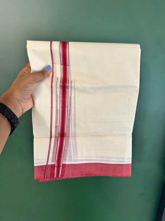 Off White Double (Unbleached) Mundu/Dhoti - 20% Discount! KaithariKada Balaramapuram 100% Cotton - 100x80 - 1 inch Silver Kasav & Reddish Maroon Stripes Puliyilakkara Chutty Kara 4 mtr (8.5 Muzham) - 54 KK5440 VIN