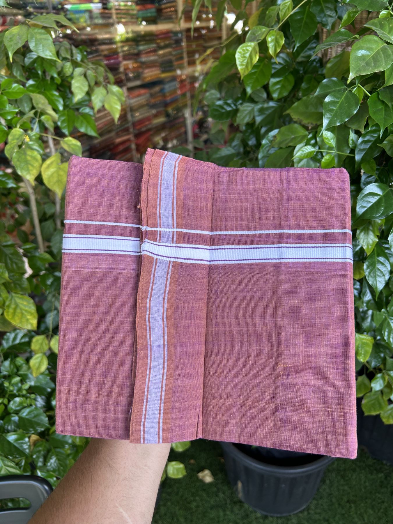 Kerala Handloom Single Hallmarked - 10% Discount !! KaithariKada 100% Pure Cotton - Mundu/Dhoti Purple Brown Body - 1.5 cm Purple & White stripes Kara - (2 meter / 4 muzham) - 42 KK8048 ELA