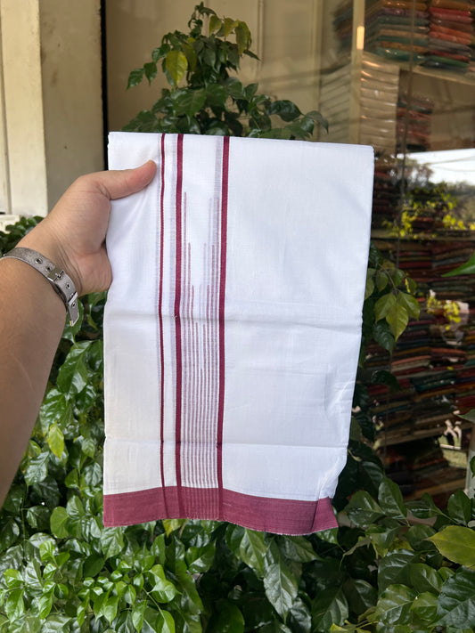 20% Discount ! Kaitharikada Balaramapuram 100% Pure Cotton Double Pure White Mundu/Dhoti - 100x80 - 1.75 inch Maroon Pink shaded striped chutty 3.90 mtr (8.5 muzham) - 58 KK5361 PMC
