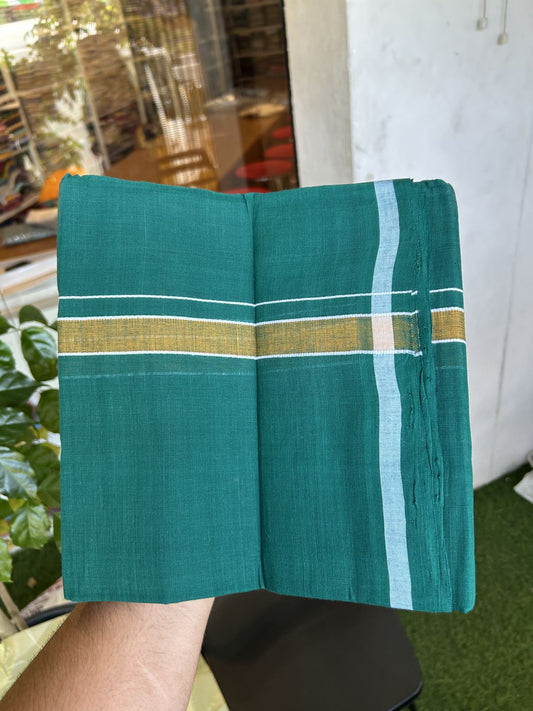 Kerala Handloom Single Hallmarked - 10% Discount !! KaithariKada 100% Pure Cotton - Mundu/Dhoti Pine Green Body - 1 inch Orange & white Stripes Kara - (2 meter / 4 muzham) - 47 KK8048 ELA