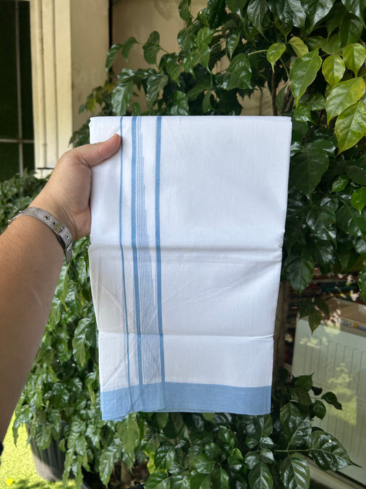 20% Discount ! Kaitharikada Balaramapuram 100% Pure Cotton Double Pure White Mundu/Dhoti - 100x80 - 1.25 inch Sea Blue shaded striped chutty 3.90 mtr (8.5 muzham) - 56 KK5361 PMC