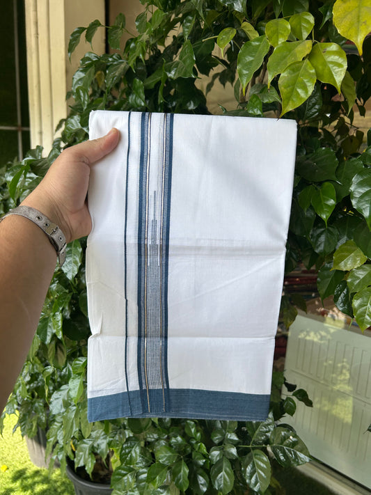 20% Discount ! Kaitharikada Balaramapuram 100% Pure Cotton Double Pure White Mundu/Dhoti - 100x80 - 1.75 inch Silver Kasav & Peacock Blue Shaded Stripes Chutty 3.90 mtr (8 muzham) - 142 KK5361 PMC