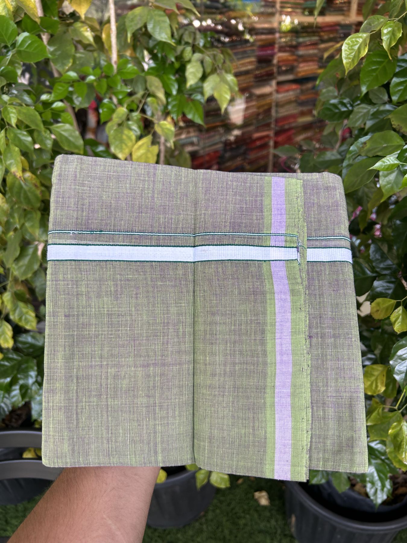 Kerala Handloom Single Hallmarked - 10% Discount !! KaithariKada 100% Pure Cotton - Mundu/Dhoti Purple Green Body - 1.5 cm White & Green Stripes Kara - (2 meter / 4 muzham) - 52 KK8048 ELA