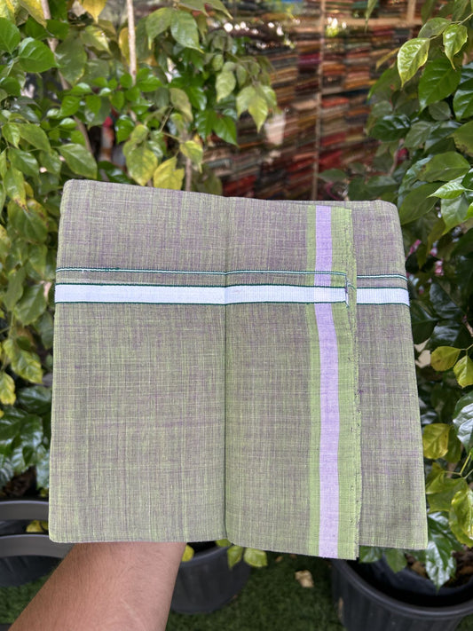 Kerala Handloom Single Hallmarked - 10% Discount !! KaithariKada 100% Pure Cotton - Mundu/Dhoti Purple Green Body - 1.5 cm White & Green Stripes Kara - (2 meter / 4 muzham) - 52 KK8048 ELA